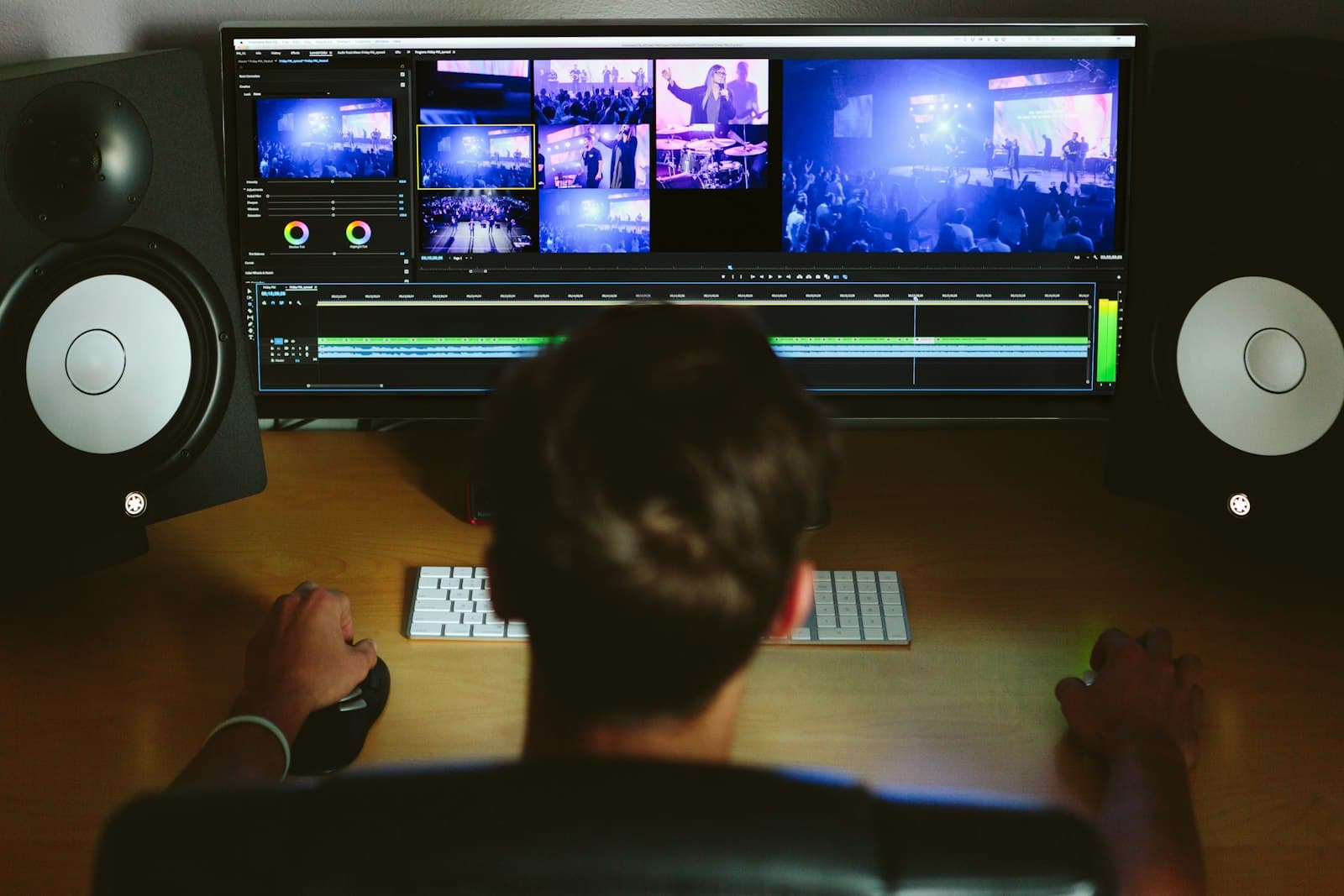 Creator at a desk editing a video project with purple concert footage on screen